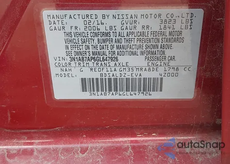 2016 Nissan Sentra Fe+ S/S/Sl/Sr/Sv z USA, uszkodzony, nr VIN 3N1AB7AP6GL647926